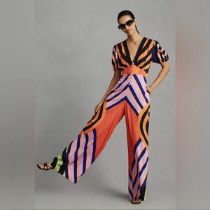 Farm Rio Anthropologie Deep-V Wide-Leg Jumpsuit Red Motif